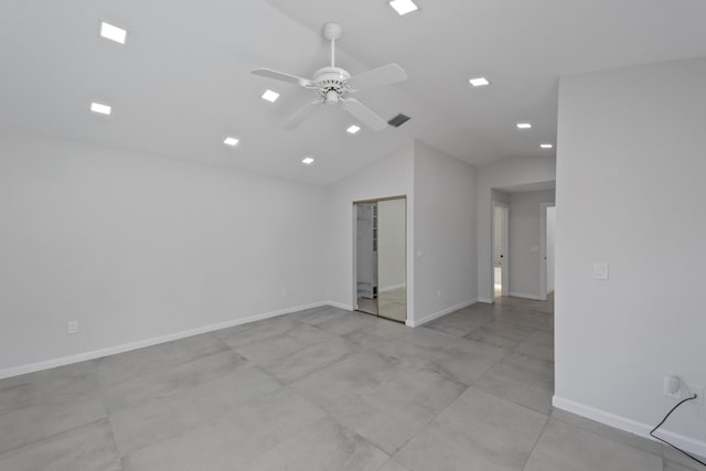 22586 Esplanada Dr, Boca Raton, FL 33433 - spare room with baseboards, ceiling fan, visible vents, and vaulted ceiling