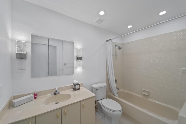 22586 Esplanada Dr, Boca Raton, FL 33433 - bathroom with shower / bath combo, visible vents, toilet, recessed lighting, and vanity