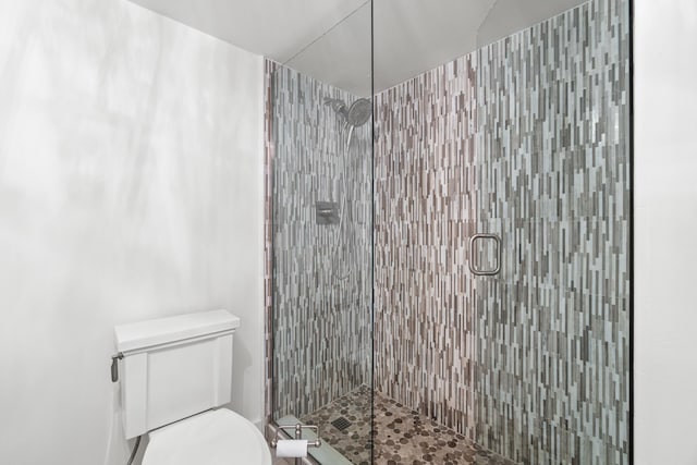 full bathroom featuring a shower stall and toilet