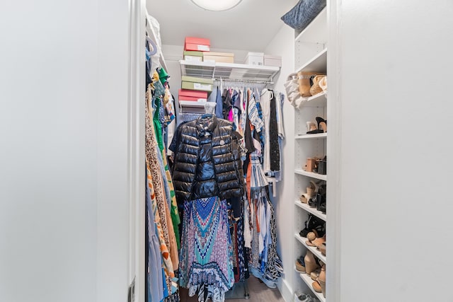 walk in closet with wood finished floors