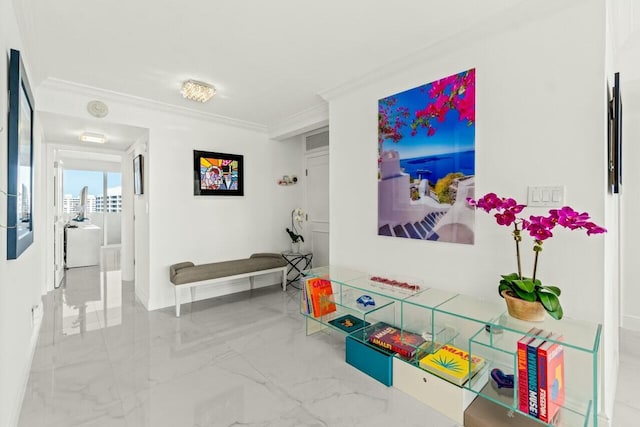 rec room with marble finish floor and ornamental molding
