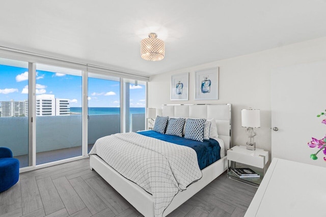 bedroom with access to exterior and a water view