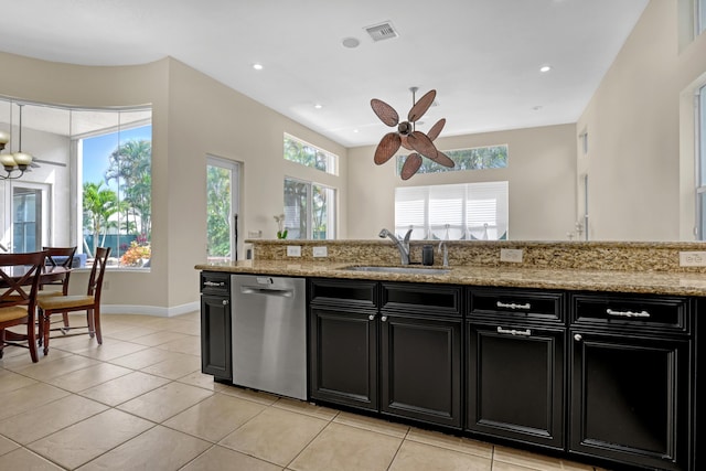 8888 Rockridge Glen Cv, Boynton Beach, FL 33473 - kitchen with a sink, a ceiling fan, dark cabinetry, stainless steel dishwasher, and visible vents