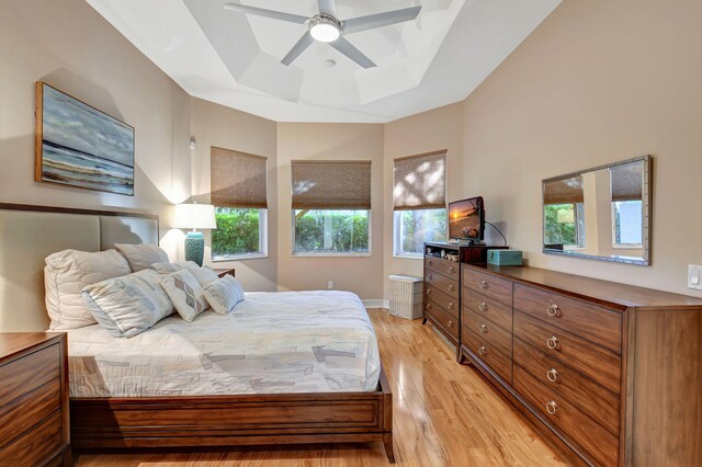 10570 Stone Garden Dr, Boynton Beach, FL 33473 - bedroom featuring a tray ceiling, light wood-style flooring, and a ceiling fan