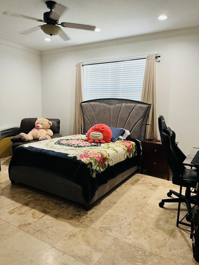 bedroom featuring ornamental molding, multiple windows, ceiling fan, and recessed lighting