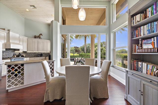 2990 Twin Oaks Way, Wellington, FL 33414 - dining area with a high ceiling, dark wood-style floors, wooden ceiling, and visible vents