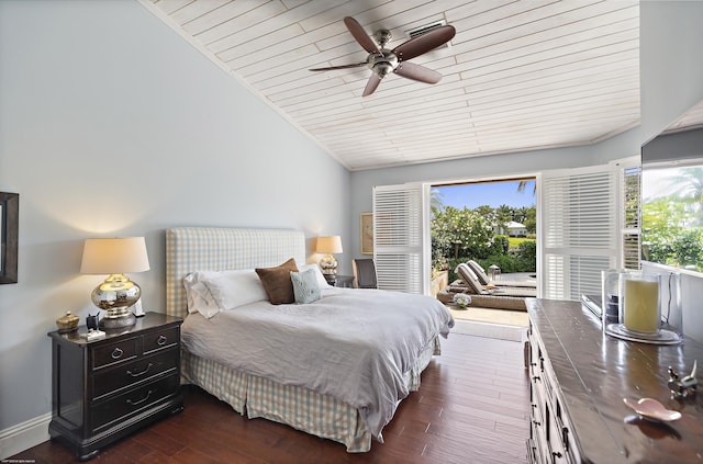 2990 Twin Oaks Way, Wellington, FL 33414 - bedroom with access to outside, a ceiling fan, dark wood-type flooring, vaulted ceiling, and wood ceiling