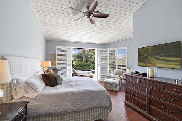 2990 Twin Oaks Way, Wellington, FL 33414 - bedroom featuring wood ceiling, ceiling fan, dark wood-style floors, and lofted ceiling