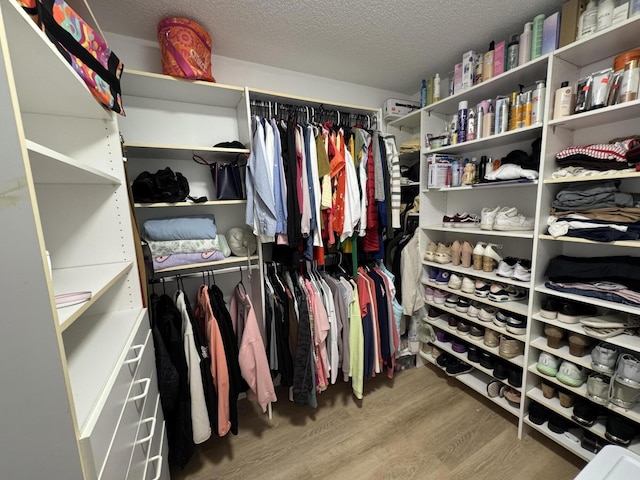 walk in closet with wood finished floors