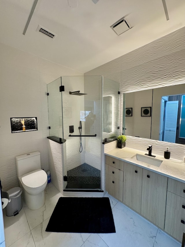 bathroom featuring visible vents, marble finish floor, a stall shower, and toilet