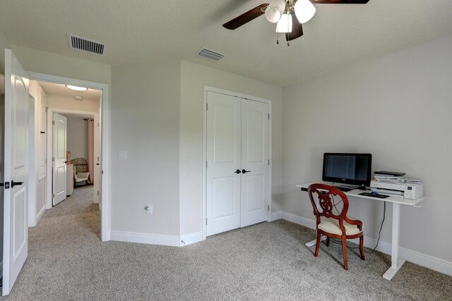 134 Day Dr, Sebastian, FL 32958 - office area featuring a ceiling fan, carpet floors, baseboards, and visible vents
