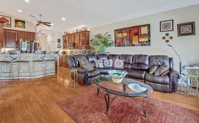 8328 Grand Messina Cir, Boynton Beach, FL 33472 - living area with ceiling fan, crown molding, and light wood finished floors