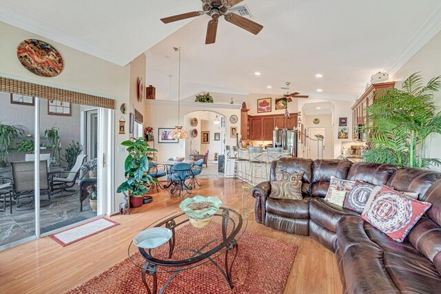 8328 Grand Messina Cir, Boynton Beach, FL 33472 - living area with crown molding, light wood-type flooring, recessed lighting, visible vents, and ceiling fan