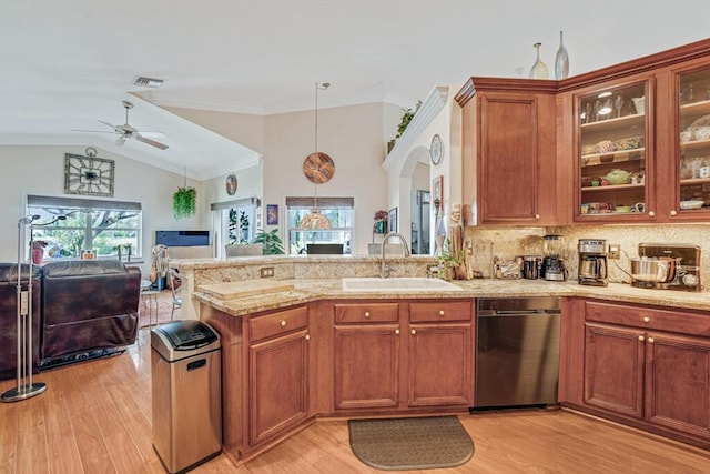 8328 Grand Messina Cir, Boynton Beach, FL 33472 - kitchen featuring a sink, dishwasher, a peninsula, open floor plan, and ceiling fan