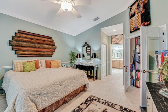 8328 Grand Messina Cir, Boynton Beach, FL 33472 - bedroom with vaulted ceiling, crown molding, light tile patterned floors, visible vents, and ceiling fan
