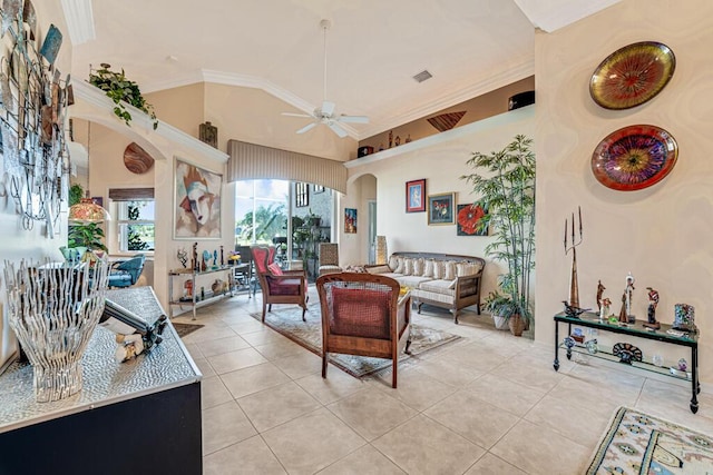 8328 Grand Messina Cir, Boynton Beach, FL 33472 - living room featuring crown molding, high vaulted ceiling, a ceiling fan, light tile patterned floors, and arched walkways