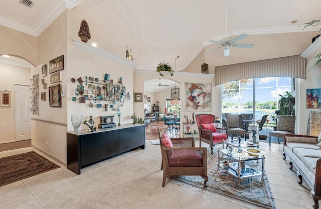 8328 Grand Messina Cir, Boynton Beach, FL 33472 - living room with high vaulted ceiling, arched walkways, ornamental molding, and a ceiling fan