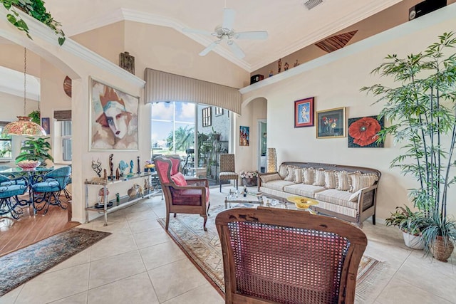 8328 Grand Messina Cir, Boynton Beach, FL 33472 - living room featuring light tile patterned floors, ornamental molding, a healthy amount of sunlight, and ceiling fan