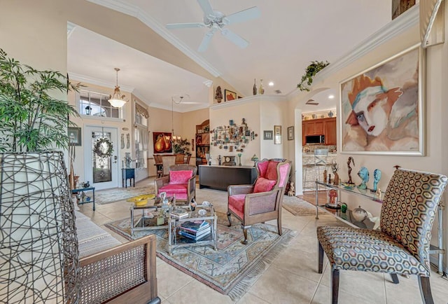 8328 Grand Messina Cir, Boynton Beach, FL 33472 - living area featuring vaulted ceiling, crown molding, light tile patterned floors, and a ceiling fan