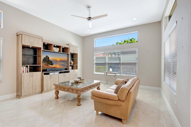 8318 Cameron Cave Dr, Boynton Beach, FL 33473 - living room with baseboards, recessed lighting, light tile patterned floors, and a ceiling fan