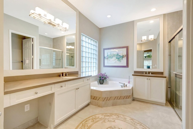 8318 Cameron Cave Dr, Boynton Beach, FL 33473 - bathroom featuring a sink, tile patterned floors, an inviting chandelier, and a shower stall