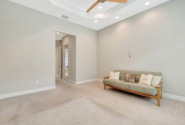 8318 Cameron Cave Dr, Boynton Beach, FL 33473 - living area featuring light carpet, baseboards, visible vents, and ceiling fan