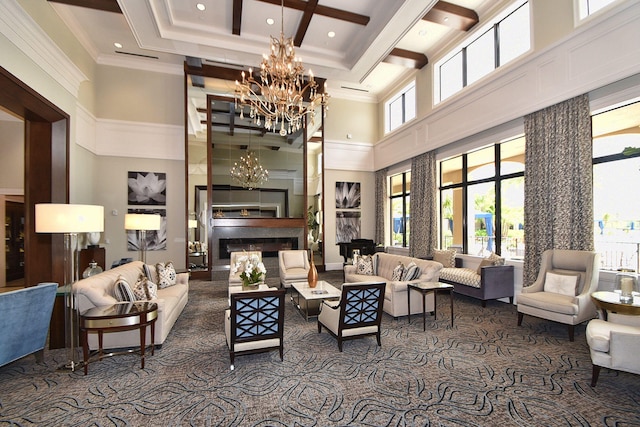 8318 Cameron Cave Dr, Boynton Beach, FL 33473 - living area with coffered ceiling, beam ceiling, a chandelier, a towering ceiling, and ornamental molding