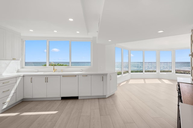 2575 S Ocean Blvd Unit 102S, Highland Beach, FL 33487 - kitchen featuring light wood finished floors, a water view, white cabinets, light countertops, and recessed lighting