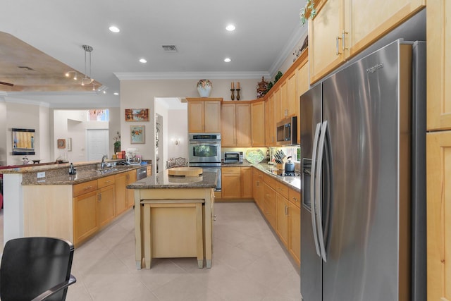 7406 Carmela Way, Delray Beach, FL 33446 - kitchen with appliances with stainless steel finishes, ornamental molding, a sink, a peninsula, and light brown cabinets