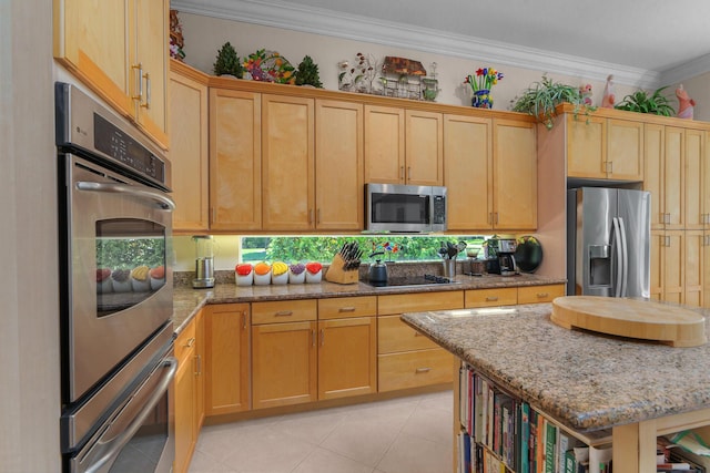 7406 Carmela Way, Delray Beach, FL 33446 - kitchen with stainless steel appliances, crown molding, light stone countertops, and light tile patterned flooring