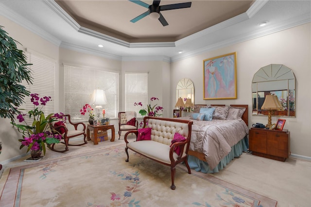 7406 Carmela Way, Delray Beach, FL 33446 - bedroom with ornamental molding, a raised ceiling, recessed lighting, carpet flooring, and a ceiling fan
