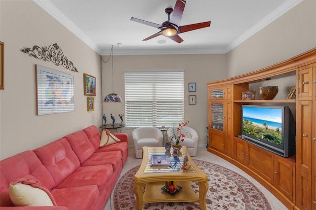 7406 Carmela Way, Delray Beach, FL 33446 - living room with crown molding, a ceiling fan, and light colored carpet