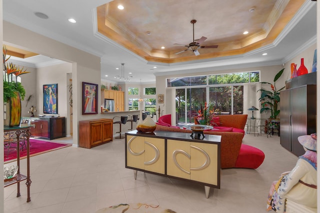 7406 Carmela Way, Delray Beach, FL 33446 - living room with a tray ceiling, plenty of natural light, ceiling fan, crown molding, and recessed lighting
