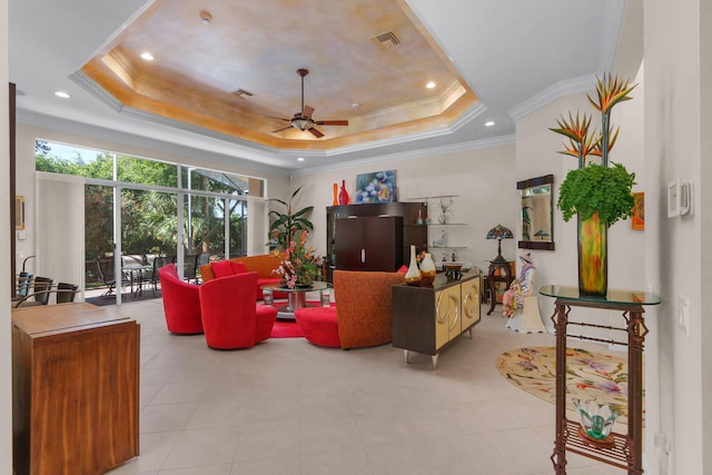 7406 Carmela Way, Delray Beach, FL 33446 - living room featuring ceiling fan, a tray ceiling, recessed lighting, crown molding, and light tile patterned flooring