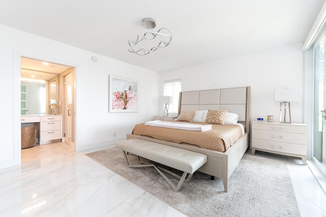 bedroom featuring light marble finish flooring, multiple windows, and connected bathroom
