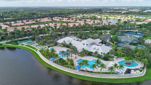 bird's eye view with a residential view and a water view
