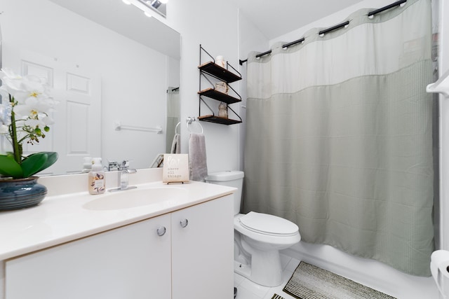 full bathroom with shower / tub combo, visible vents, toilet, vanity, and tile patterned floors