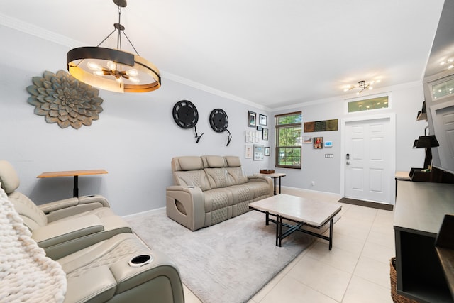living area with an inviting chandelier, light tile patterned floors, and crown molding