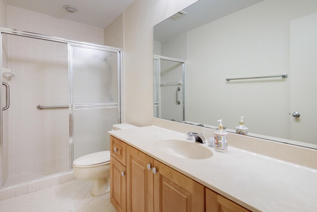 full bath featuring tile patterned floors, a shower stall, toilet, and visible vents