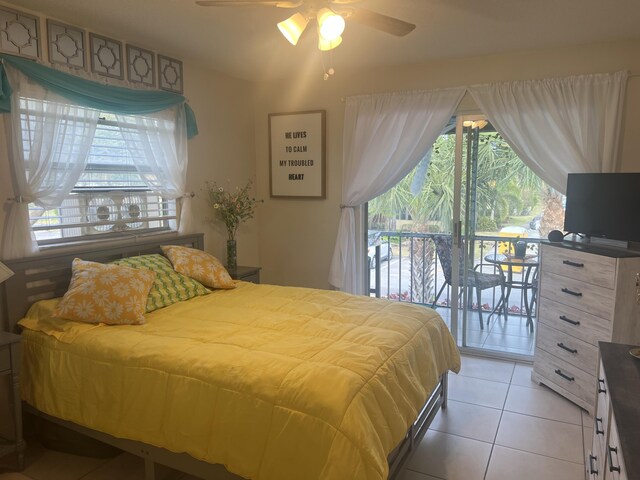 81 Flanders B B, Delray Beach, FL 33484 - bedroom featuring access to exterior, ceiling fan, and light tile patterned floors