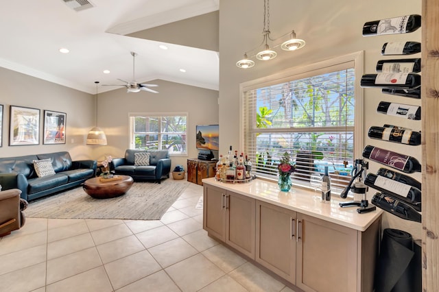 8353 Grand Messina Cir, Boynton Beach, FL 33472 - living area with light tile patterned floors, a ceiling fan, vaulted ceiling, visible vents, and recessed lighting