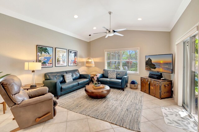 8353 Grand Messina Cir, Boynton Beach, FL 33472 - living area featuring light tile patterned floors, ceiling fan, crown molding, recessed lighting, and vaulted ceiling