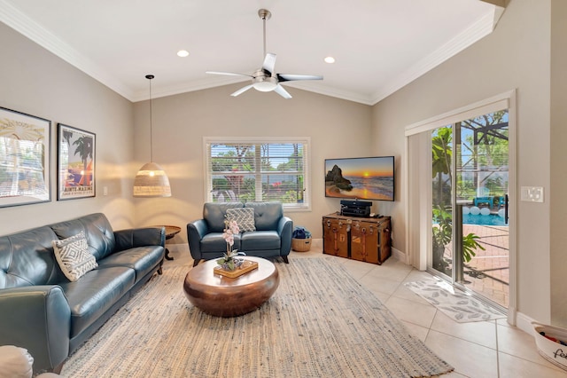 8353 Grand Messina Cir, Boynton Beach, FL 33472 - living room with a ceiling fan, light tile patterned floors, ornamental molding, and lofted ceiling