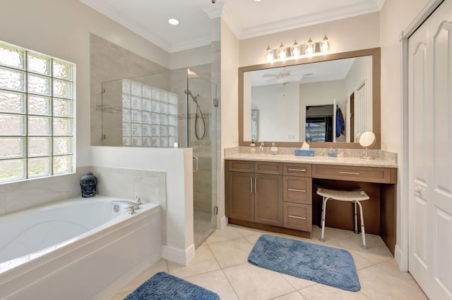 8353 Grand Messina Cir, Boynton Beach, FL 33472 - bathroom with a bath, ornamental molding, vanity, tile patterned floors, and a stall shower