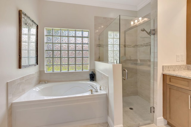 8353 Grand Messina Cir, Boynton Beach, FL 33472 - bathroom featuring a bath, vanity, crown molding, and a stall shower