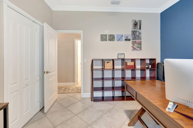 8353 Grand Messina Cir, Boynton Beach, FL 33472 - home office featuring ornamental molding, baseboards, visible vents, and light tile patterned floors