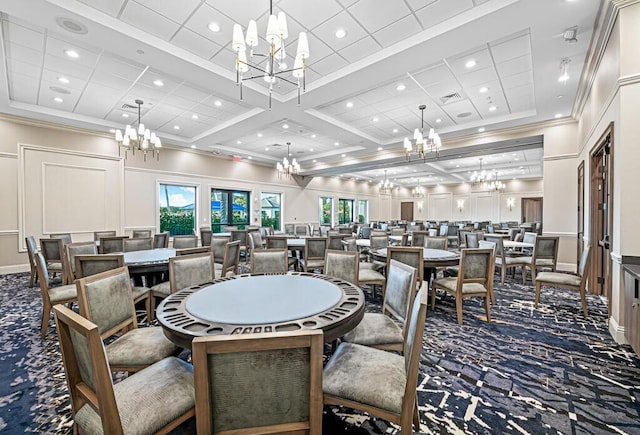 8353 Grand Messina Cir, Boynton Beach, FL 33472 - dining space with crown molding, visible vents, dark colored carpet, and a notable chandelier