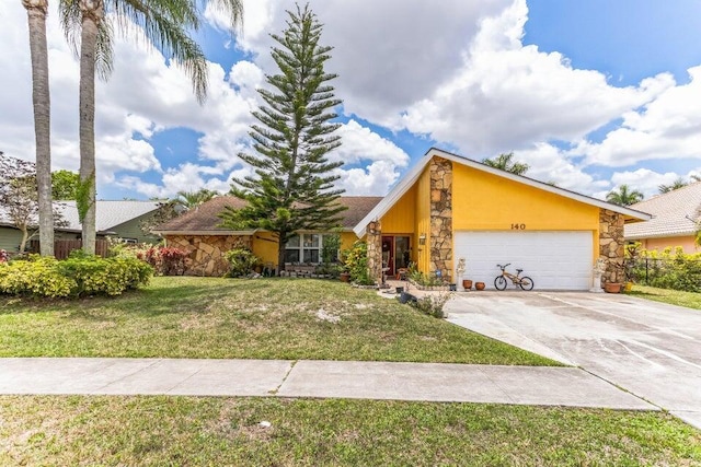140 Ponce De Leon St, Royal Palm Beach, FL 33411 - mid-century home featuring stone siding, a garage, stucco siding, a front lawn, and driveway