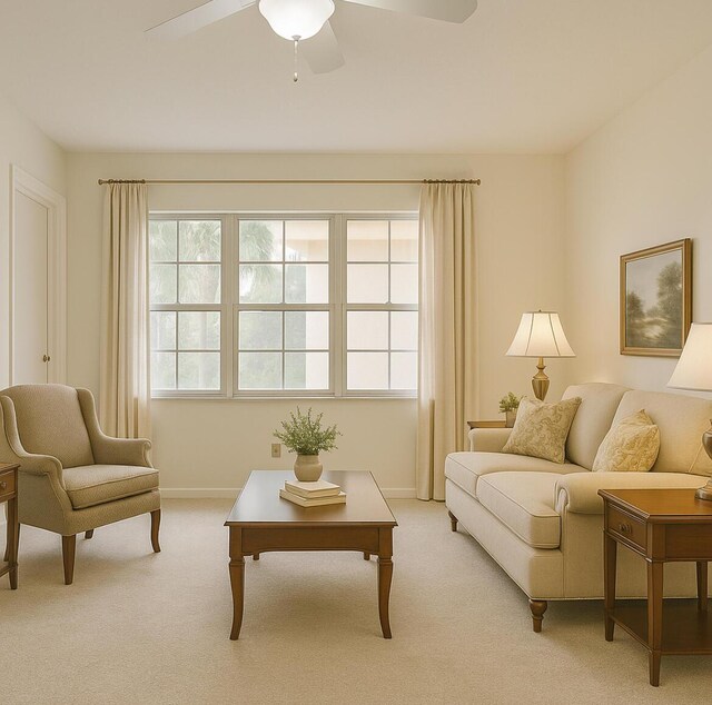 sitting room with light colored carpet, a ceiling fan, and baseboards