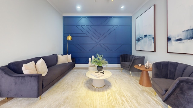 1942 NE 6th St, Deerfield Beach, FL 33441 - living area featuring ornamental molding, baseboards, an accent wall, and recessed lighting